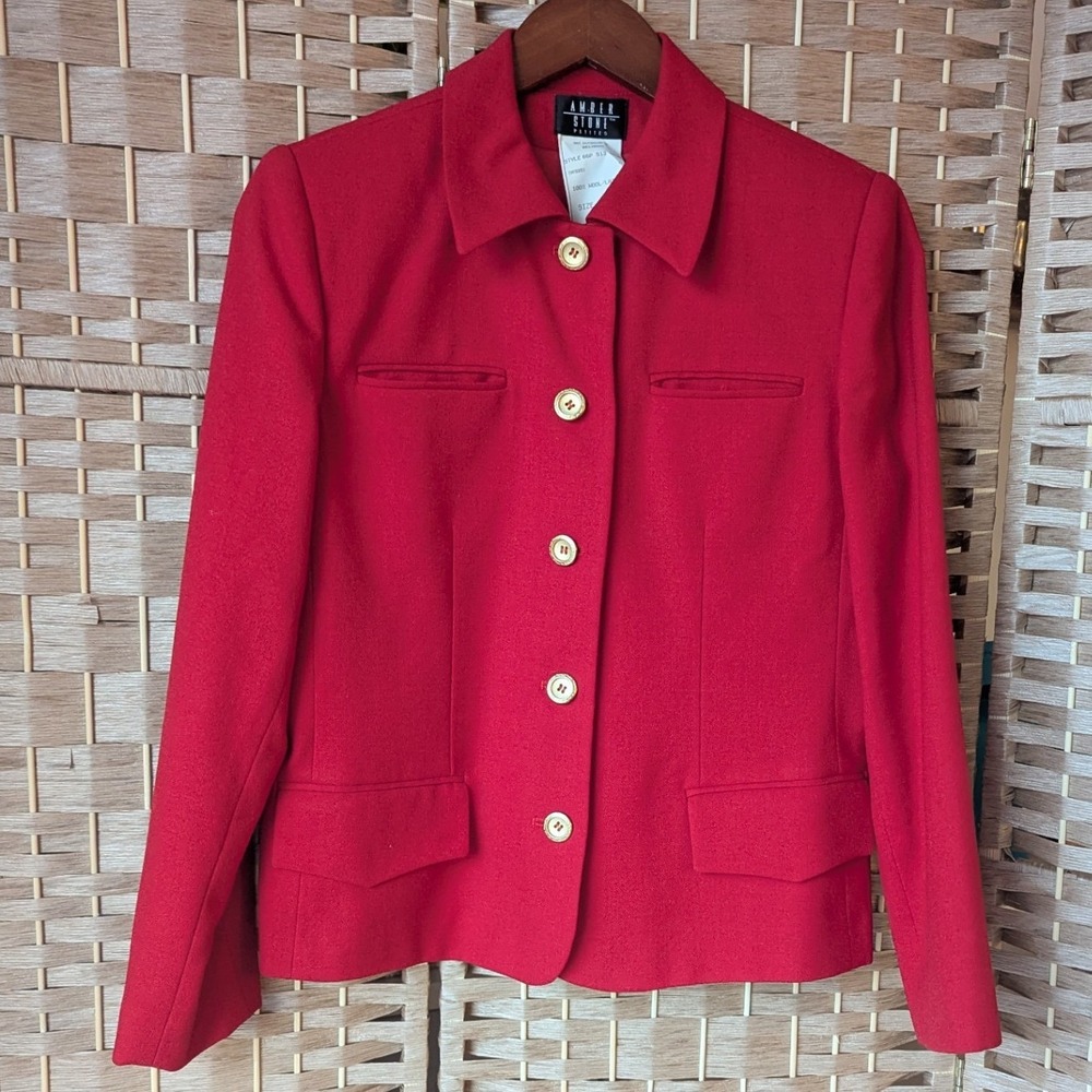 Vtg Amber Stone Red 100% Wool Blazer Gold Buttons Tailored Jacket‎ Sz 8 Office